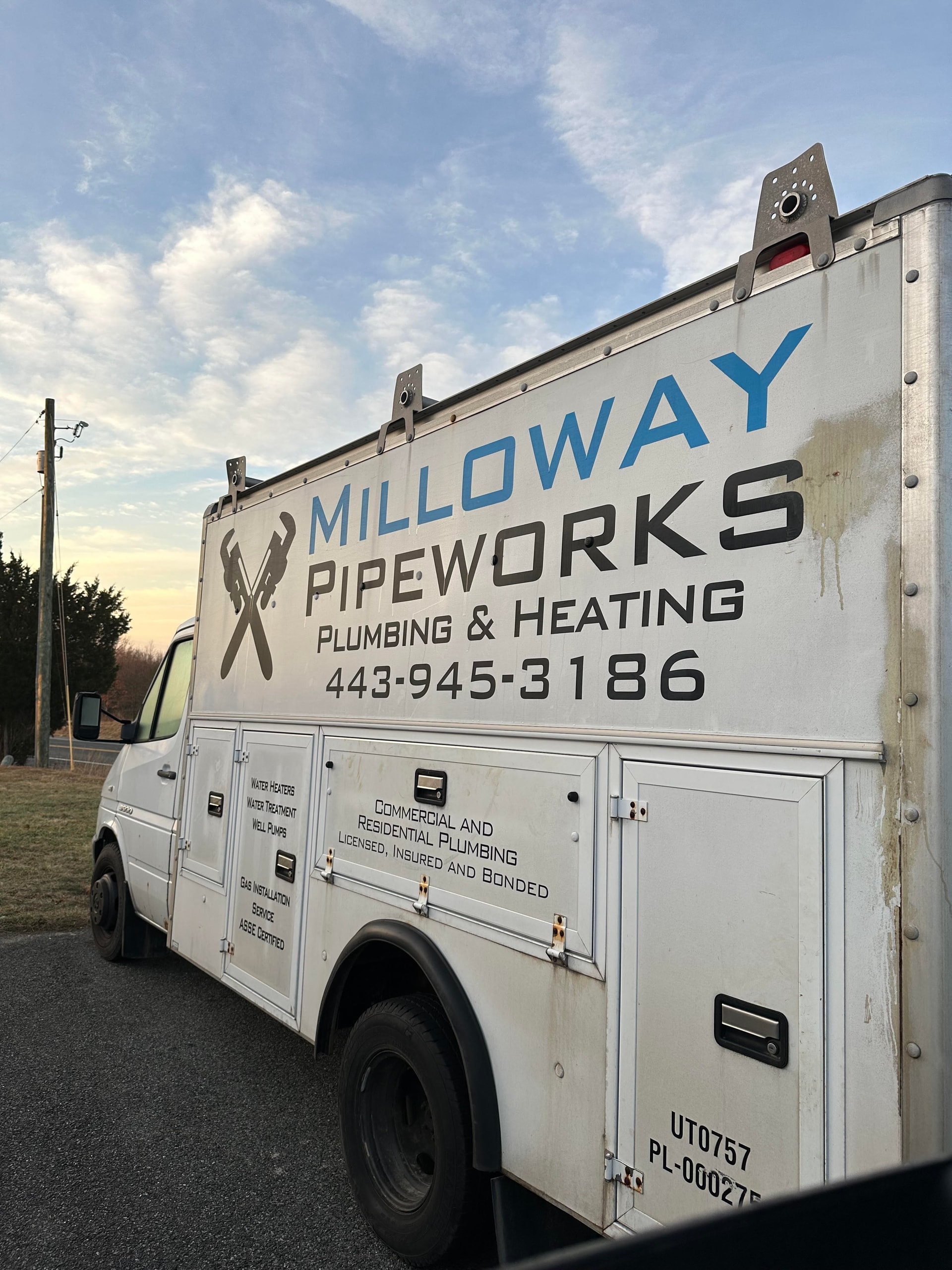 Milloway Pipeworks branded service truck — Plumbing & Heating, serving Maryland, Delaware and Pennsylvania